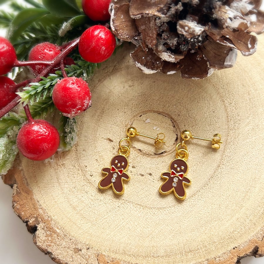 Gingerbread Man Diamanté Stud Drop Earrings, Gold Plated Christmas Earrings