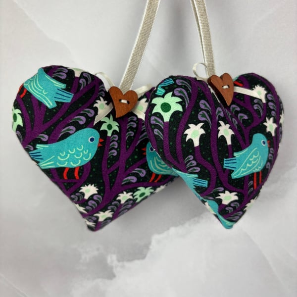 Handmade birds hanging fabric hearts set of 2