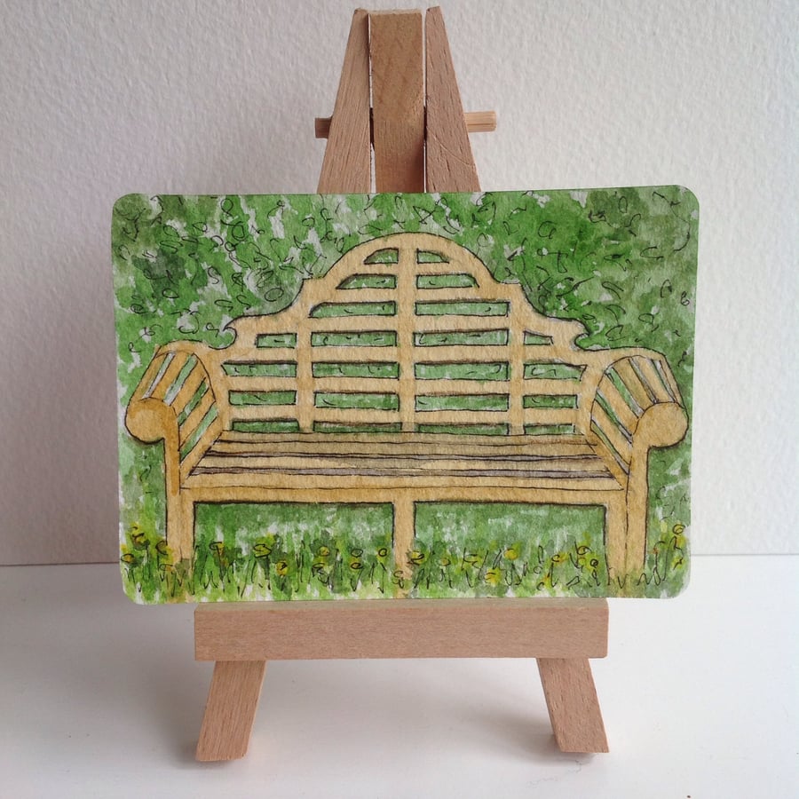Original watercolour 'Garden Bench and Buttercups' ACEO 