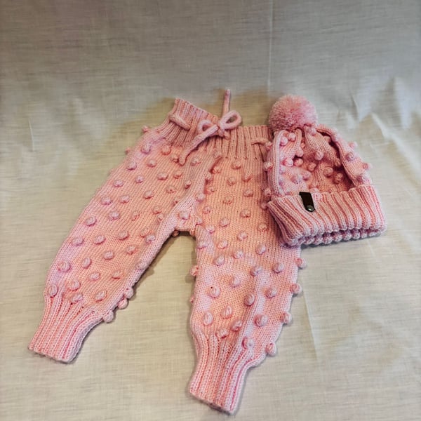Baby pink popcorn trouser with hat