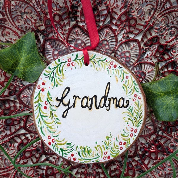 Grandma hand-painted log slice Christmas decoration 