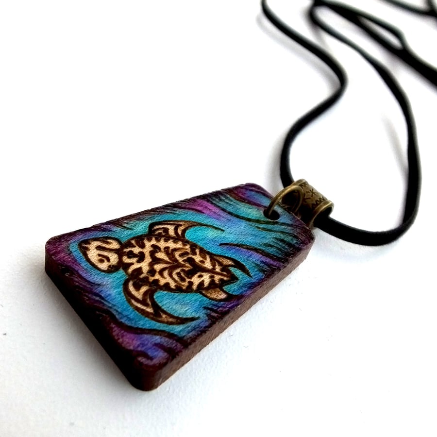Sea Turtle Hand Burned Pyrography Pendant Necklace with Inks