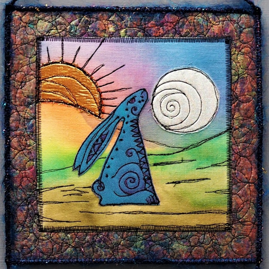 HHE1254 - Sunset Hare Moon Gazer - Square Wall Hanging -  20cm - Blue-Green 