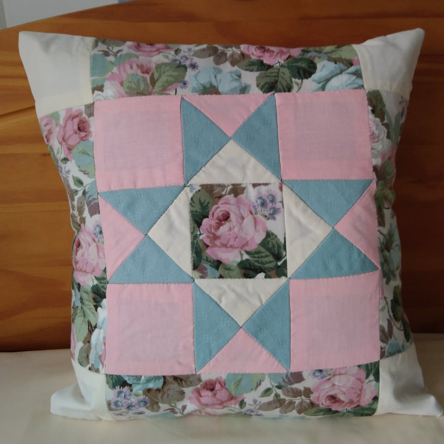 Patchwork cushion cover in pink, green and cream