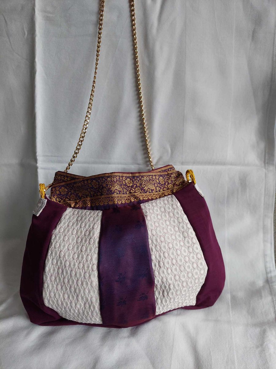 Upcycled plum, gold and cream panelled shoulder bag