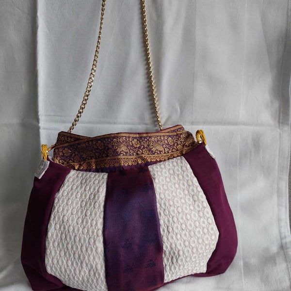 Upcycled plum, gold and cream panelled shoulder bag