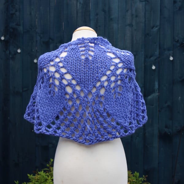 Chunky hand knit lace shawl in bluebell 100% wool - design SB168
