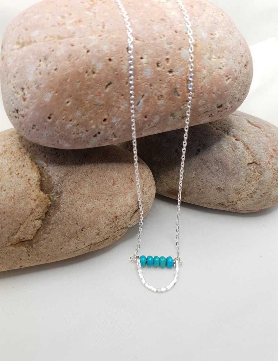 Turquoise Hammered Silver Necklace, Sterling Silver, Turquoise Birthstone