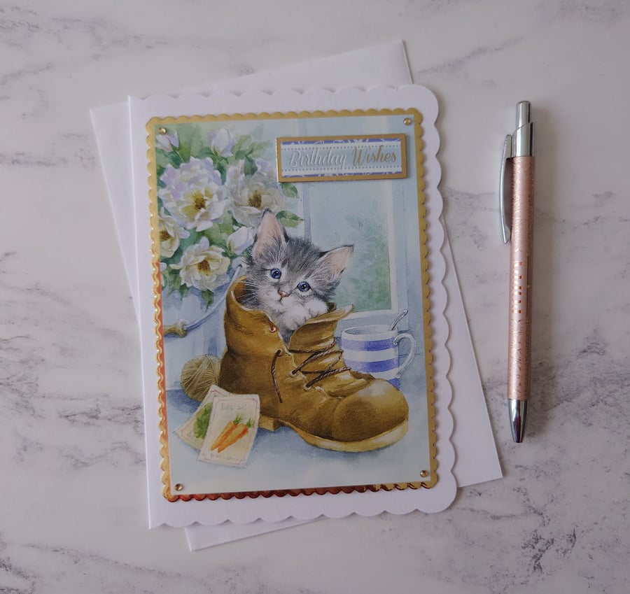 Birthday Wishes Kitten Cat Boot Flowers 3D Luxury Handmade Card
