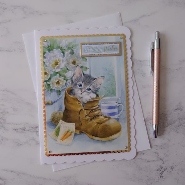 Birthday Wishes Kitten Cat Boot Flowers 3D Luxury Handmade Card