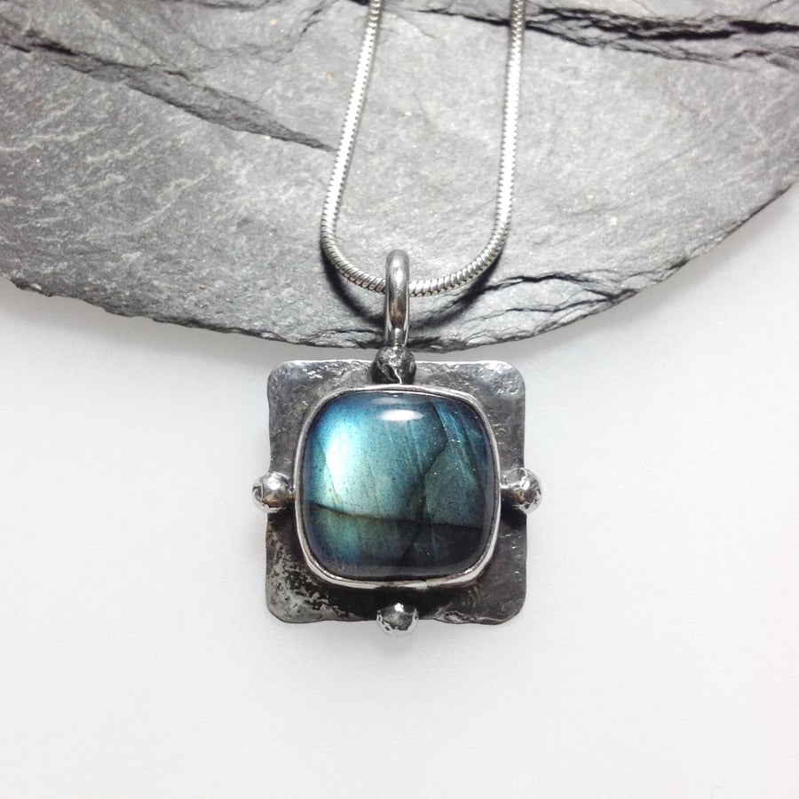 Square oxidised silver labradorite pendant on chain