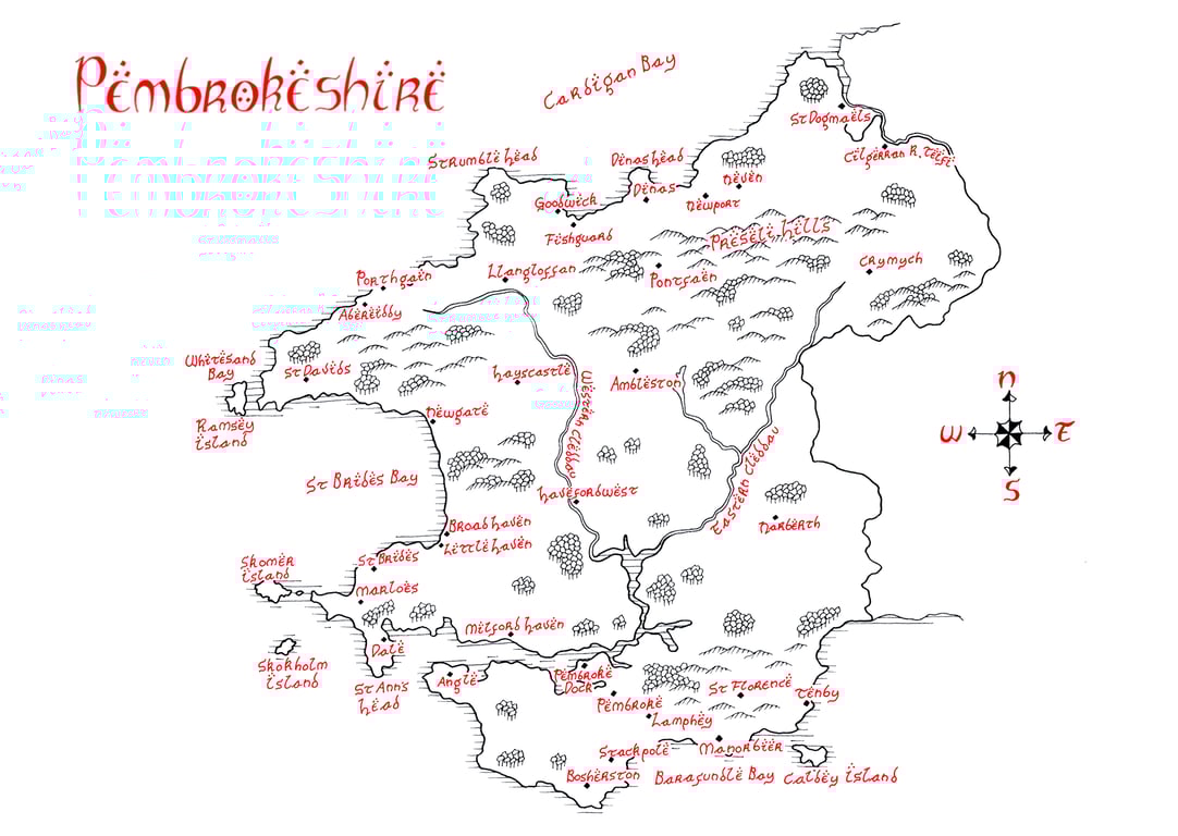 Map of Pembrokeshire Hand Drawn Tolkien Style Map Artwork