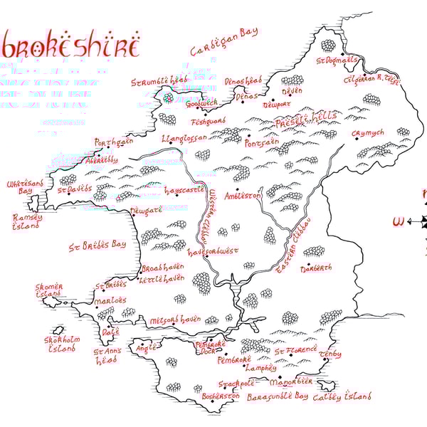 Map of Pembrokeshire Hand Drawn Tolkien Style Map Artwork