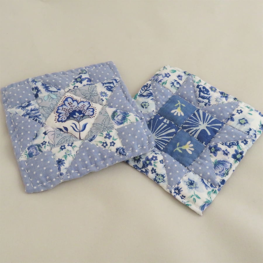 2 Patchwork Coasters - Blue and white, quilted