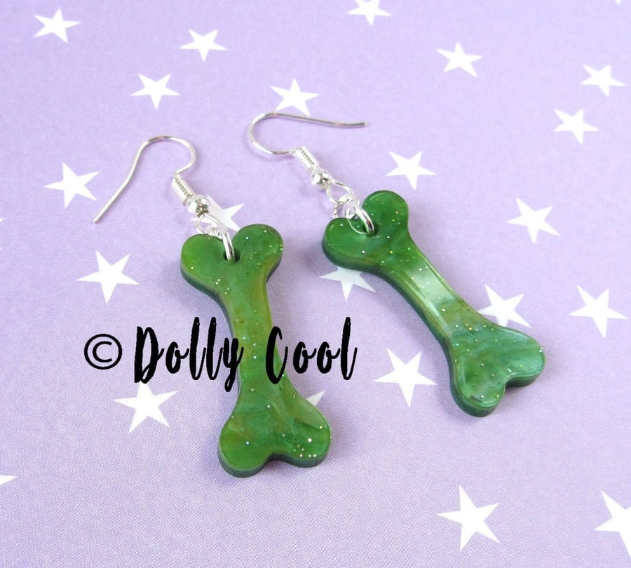 Spooky Bone Earrings Green Sparkle Vintage Style Novelty Fakelite Halloween
