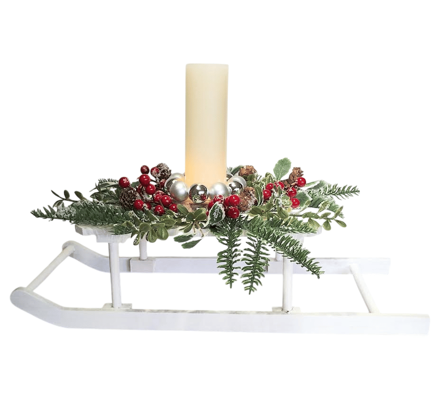 WHITE SLEIGH CHRISTMAS TABLE CENTERPIECE