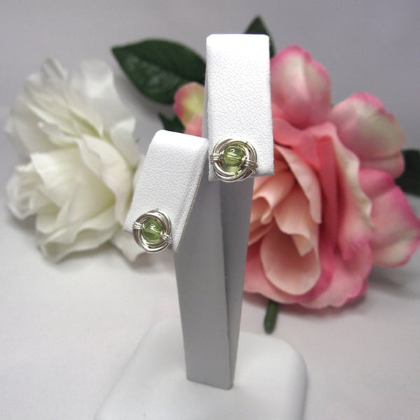 Peridot gemstone Russian wedding ring style recycled silver stud earrings 