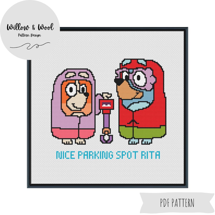 Cross Stitch Pattern - Bluey and Bingo - Nice Parking - PDF