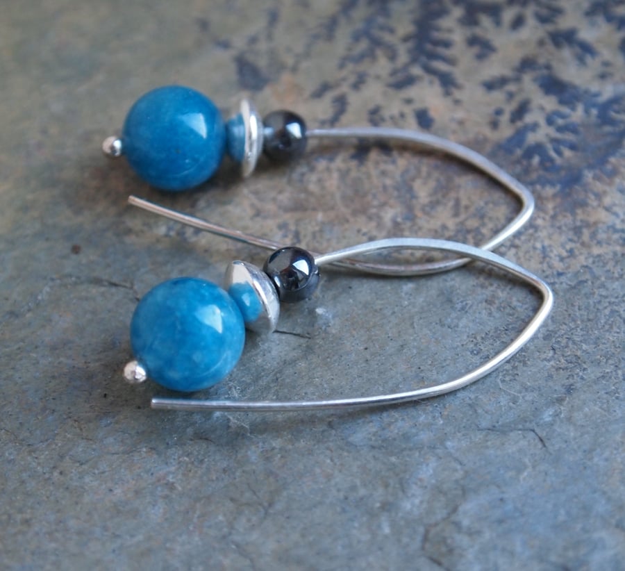 Silver earrings, kyanite & hematite dangly earrings