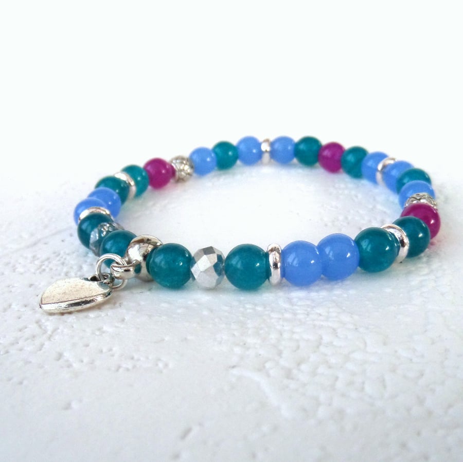 Dainty blue, turquoise & pink stretchy stacking bracelet with heart charm 