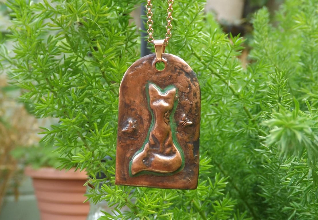 Recycled Copper Fox with Butterflies on Picture Frame Pendant Necklace.