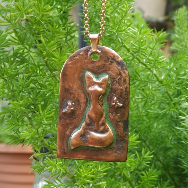 Recycled Copper Fox with Butterflies on Picture Frame Pendant Necklace.