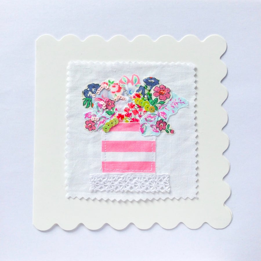 Textile Card Vase of flowers.