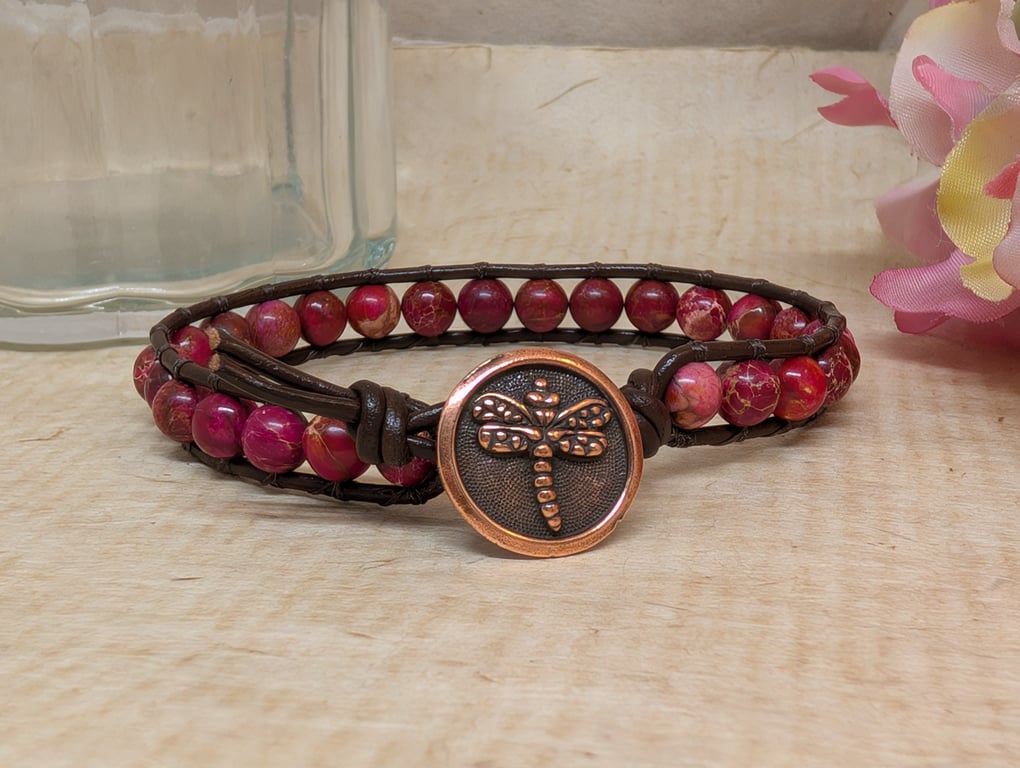 Red sea sediment jasper and leather bracelet with dragonfly button