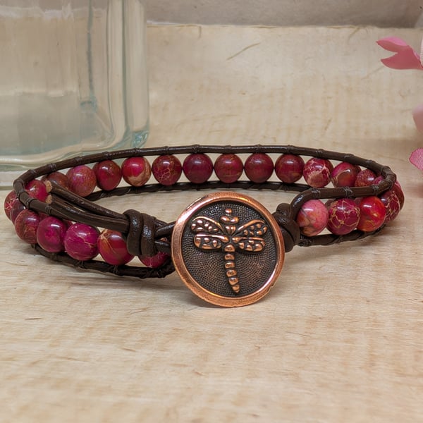 Red sea sediment jasper and leather bracelet with dragonfly button