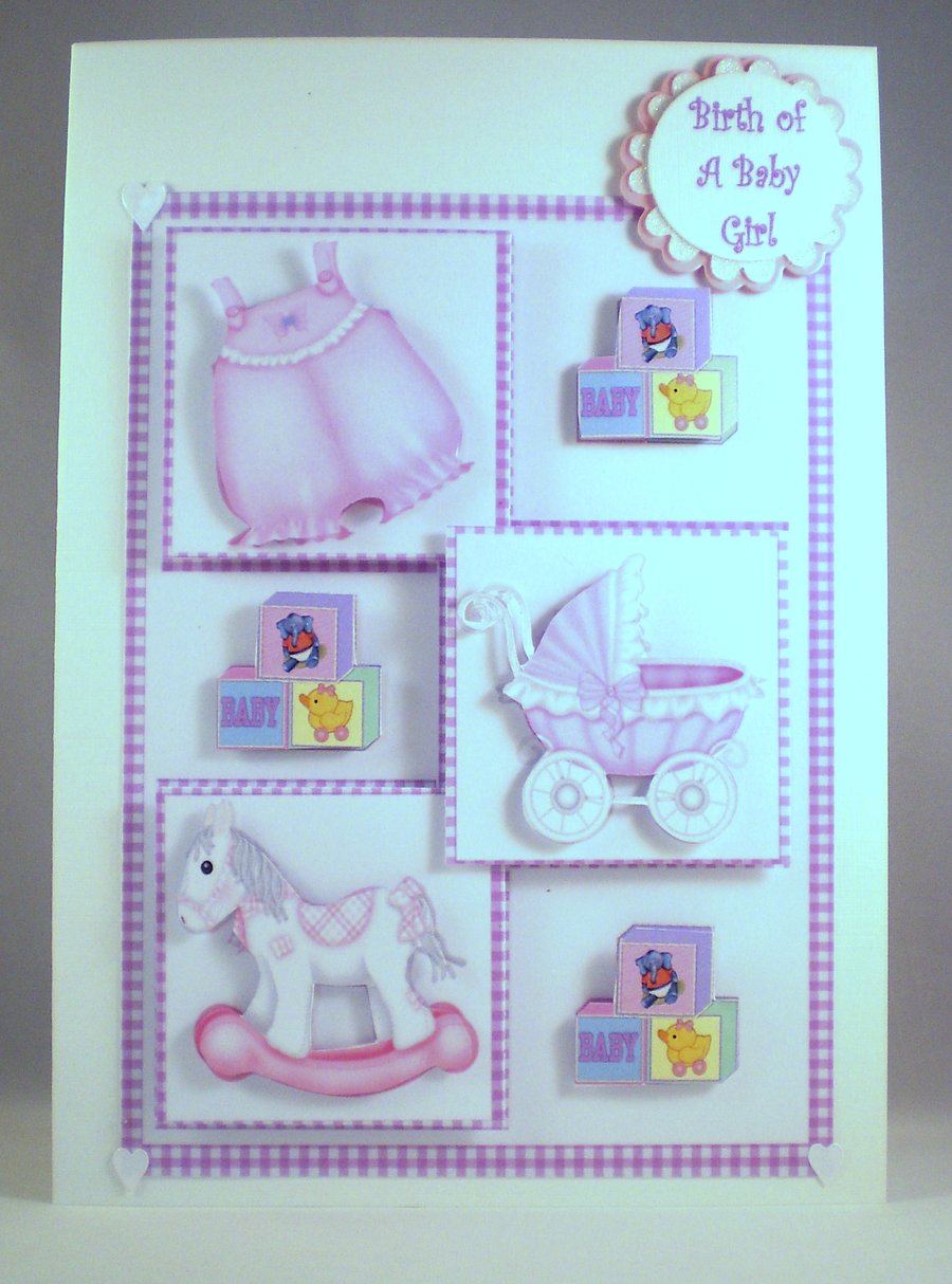 Handmade New Baby Girl Decoupage Card, personalise,daughter,granddaughter,parent
