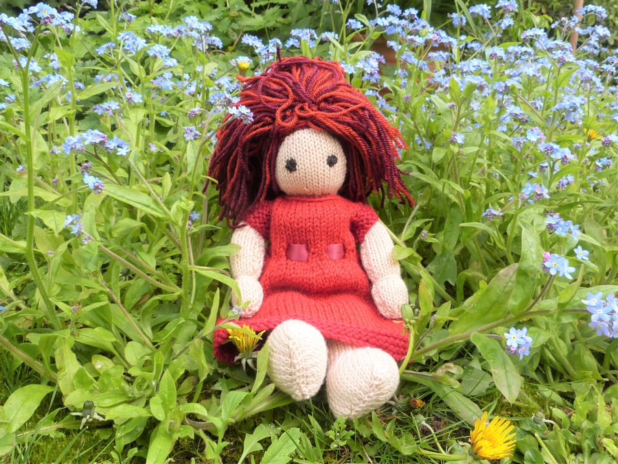 Doll.Hand Knitted Doll 12" handmade Doll with Red Hair & Removable Knitted Dress