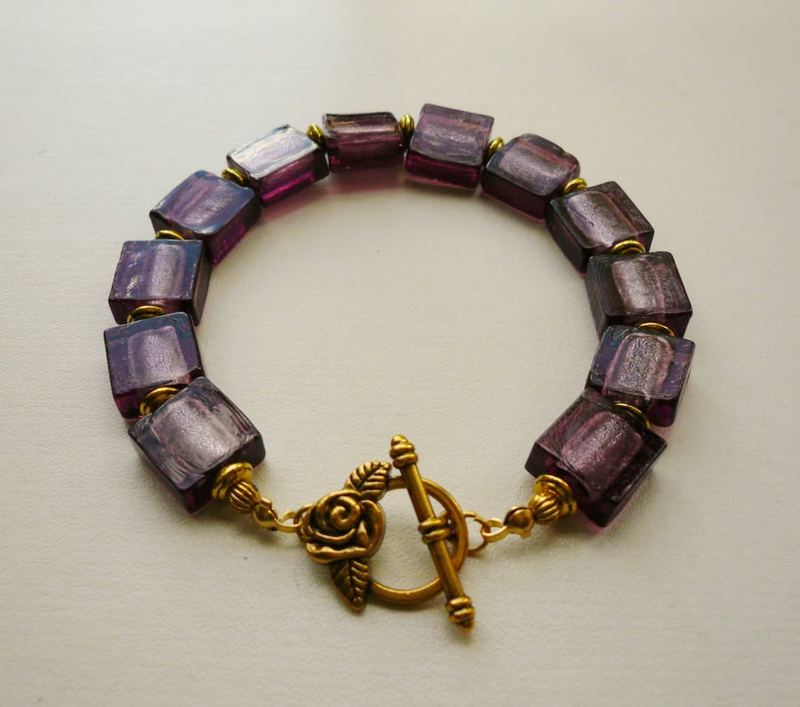 Purple Glass Foil Lined Square Bead Gold Plate Bracelet   KCJ367