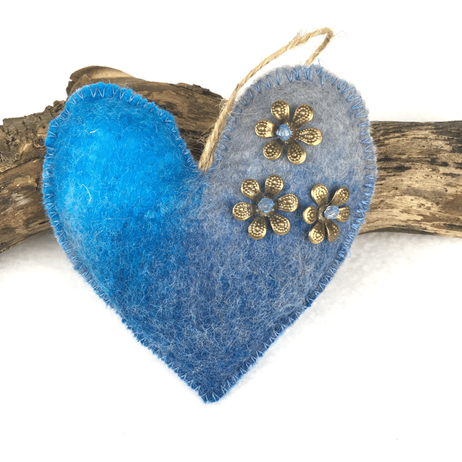 Blue and grey hanging padded merino wool felt heart