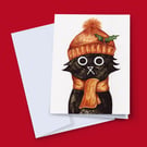 Holly Cat Christmas Card, Black Cat Christmas Card, Cute Black Cat Card