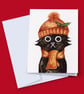 Holly Cat Christmas Card, Black Cat Christmas Card, Cute Black Cat Card - Image 1