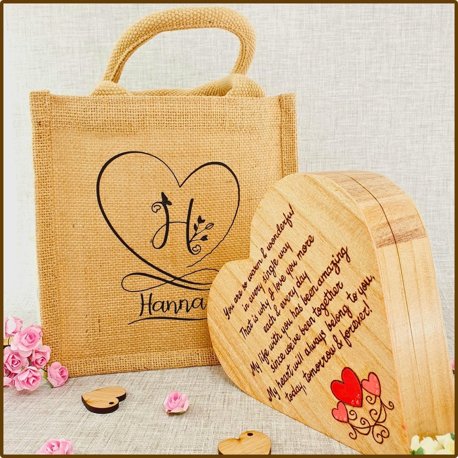 Personalised Jewellery Box & Jute Bag - Pyrography Poem or Watercolour Flowers