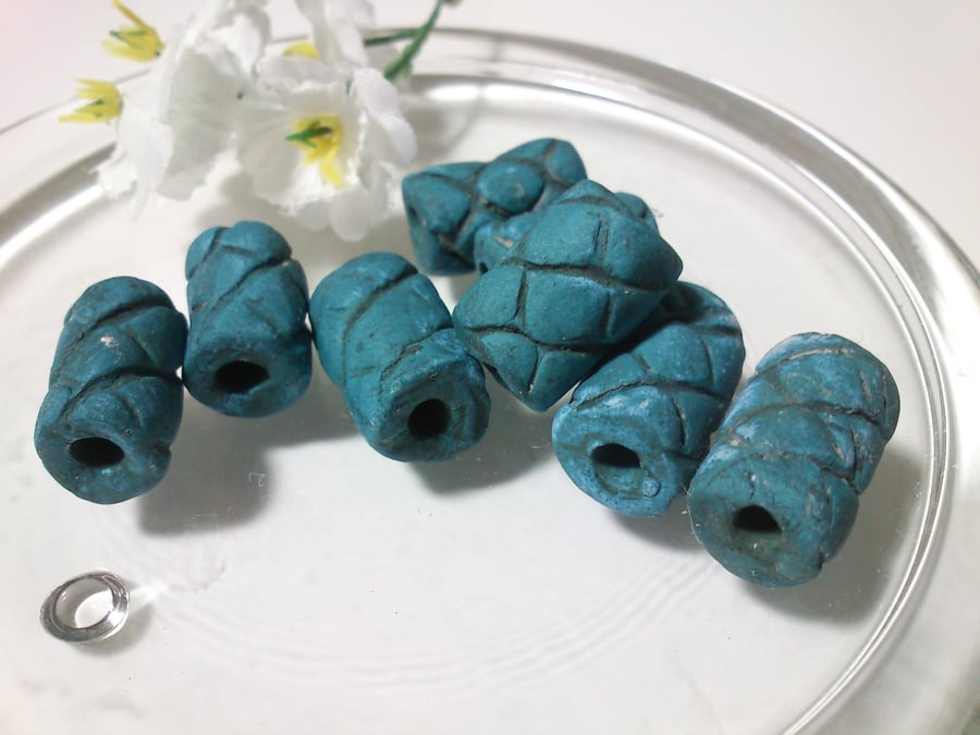 Blue Tubular textured beads