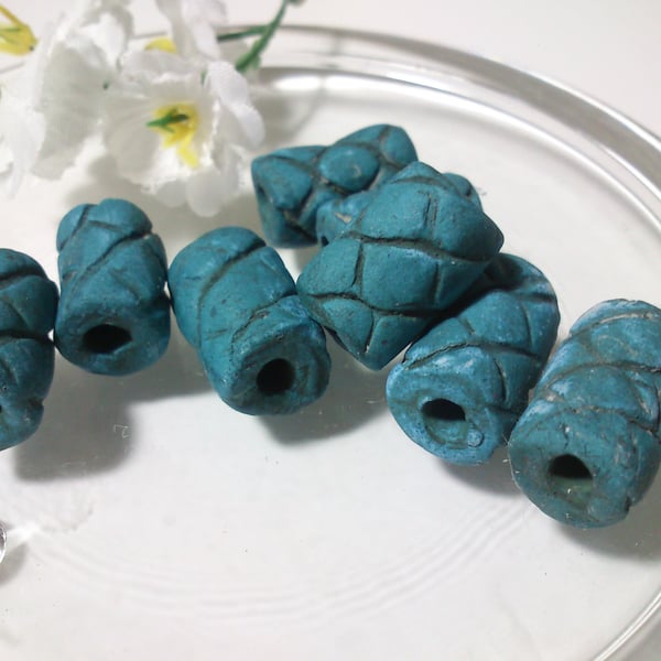 Blue Tubular textured beads