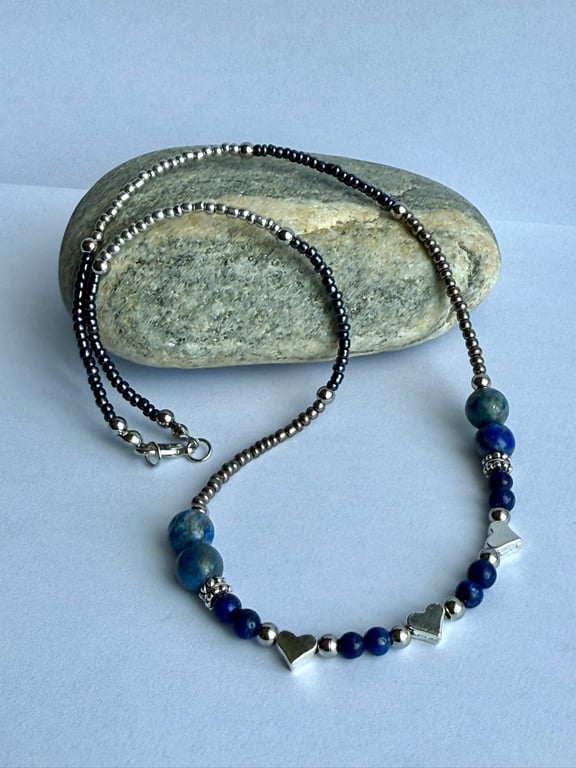 Blue Lapis Lazuli Choker Necklace with Seed Beads and Silver Plated Hearts