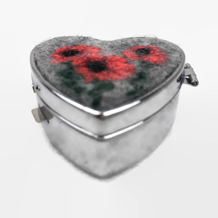 Heart shaped pill box with felted poppy insert on lid