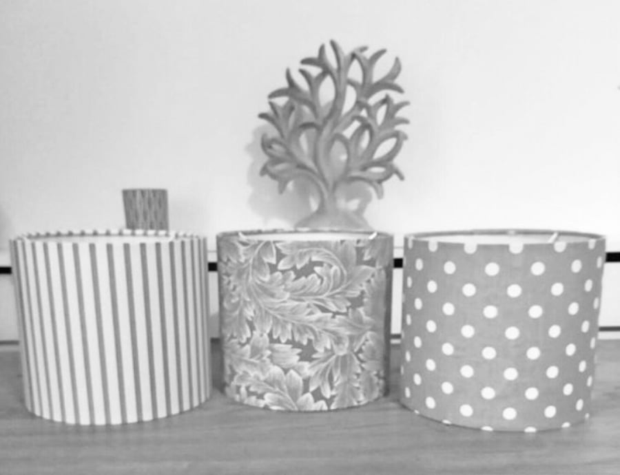 Handmade Grey Lampshades Cotton Fabric in Stripe Polka Dot Leaf
