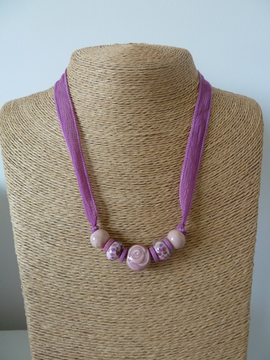 purple silk necklace, ceramic rose, lampwork glass beads
