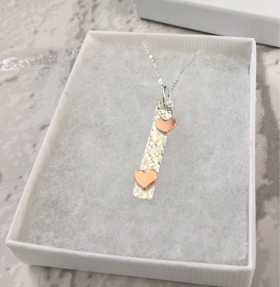 Mixed Metal Heart Bar Necklace, Silver Bar Necklace, Copper Heart Pendant