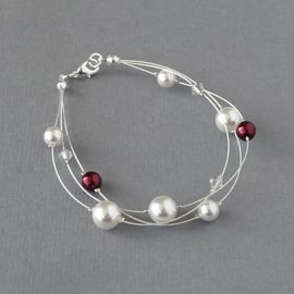 White and Burgundy Floating Pearl Bracelet - Dark Red 3 Strand Wedding Jewellery