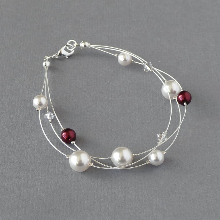 White and Burgundy Floating Pearl Bracelet - Dark Red 3 Strand Wedding Jewellery