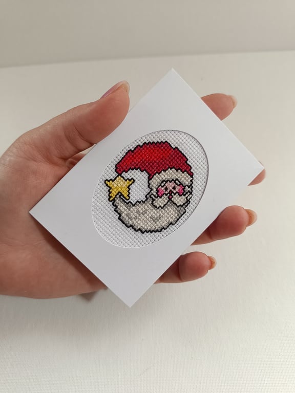 Festive Santa Moon Card – Small Handmade Cross Stitch Greeting