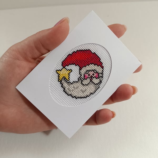 Festive Santa Moon Card – Small Handmade Cross Stitch Greeting