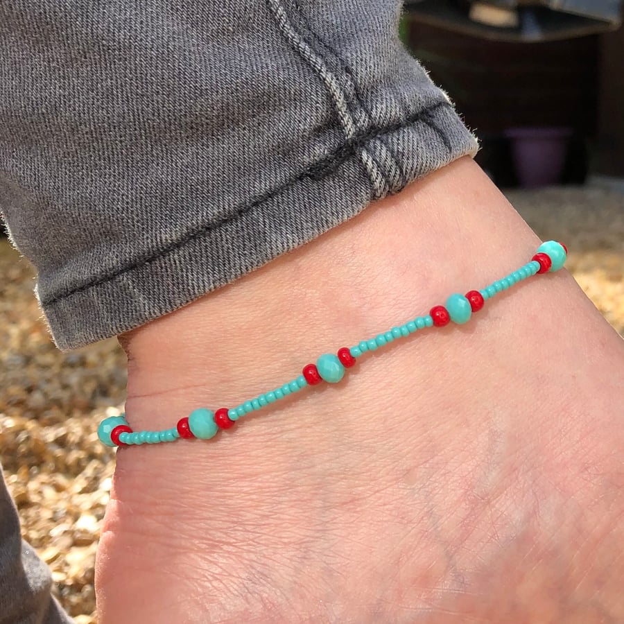 Turquoise and Red beaded anklet