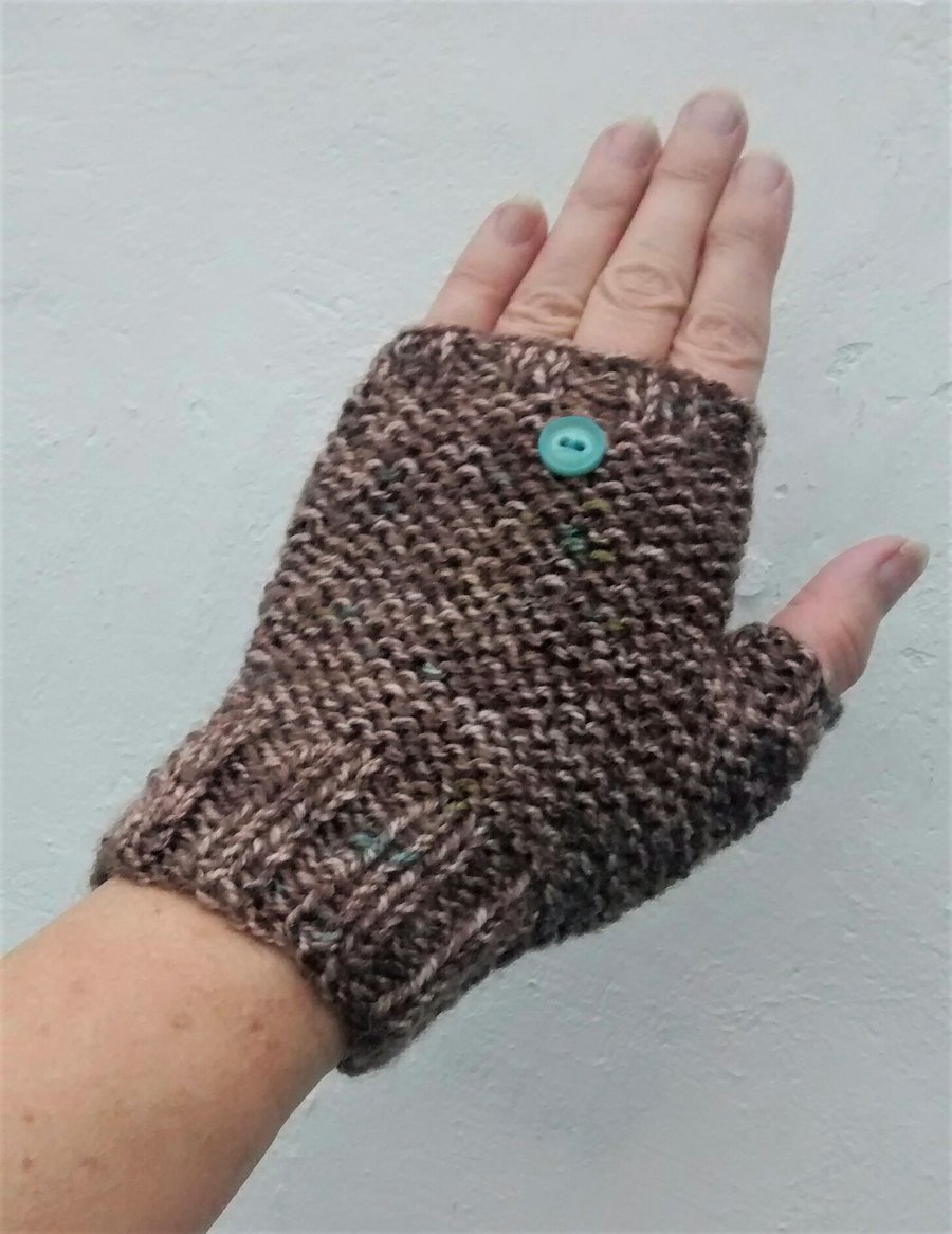 Fingerless Gloves, Brown Tweed Mittens