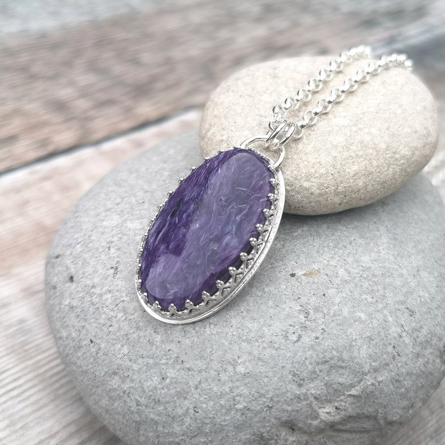 Charoite Gemstone and Sterling Silver Statement Pendant Necklace